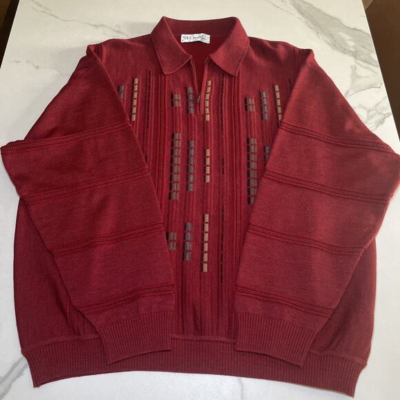 St Croix Shop Mens Large 1/4 Zip Geometric Maroon Sweater Wool Blend Textured - Picture 9 of 12
